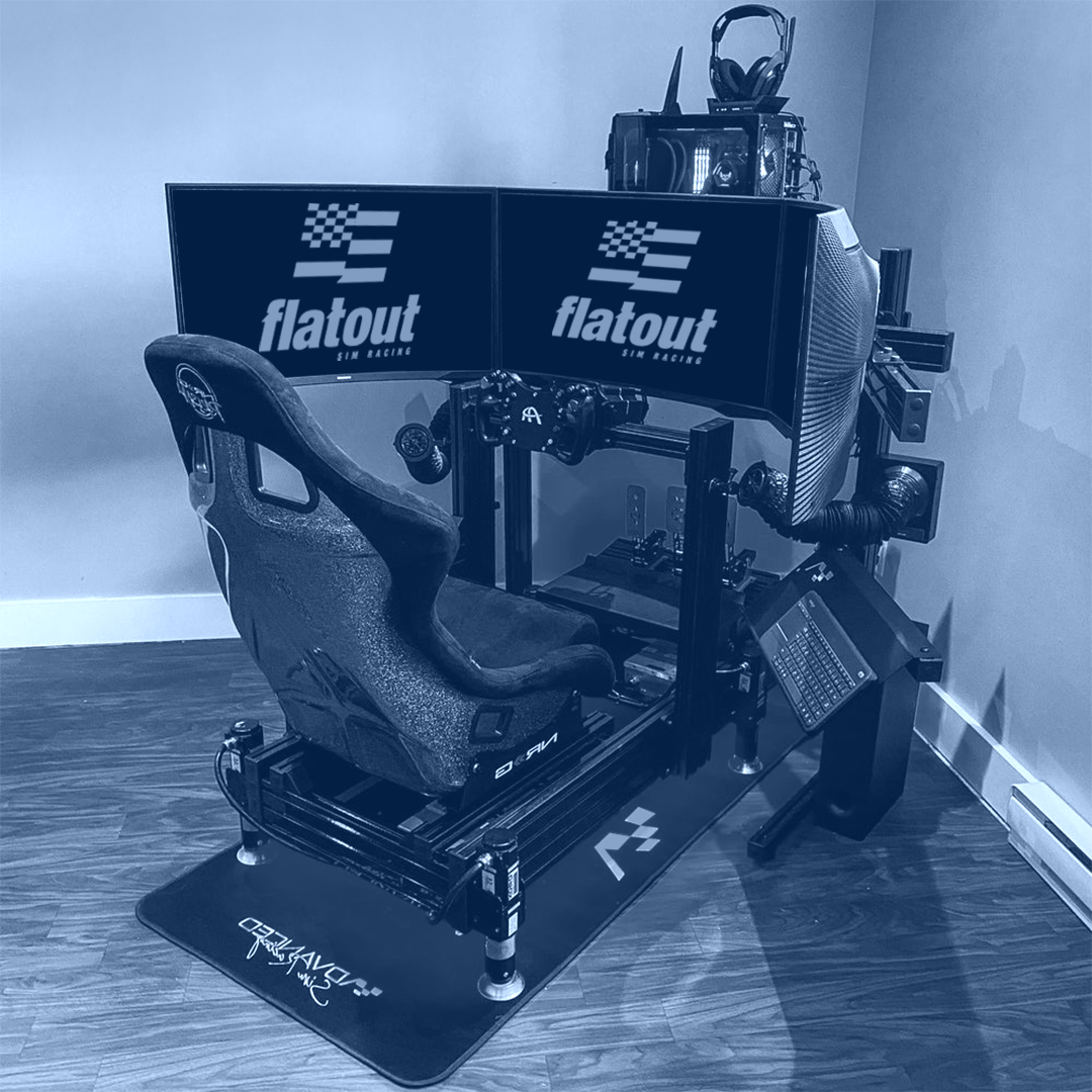 A high-end racing simulator setup featuring a racing seat mounted on a sturdy metal frame, complete with a steering wheel, pedals, and a dual monitor display showing the 'Flatout Sim Racing' logo. The setup includes a keyboard tray, and various accessories like headphones are mounted above. The simulator is placed on a branded floor mat, and the room has a minimalist design with wooden floors.